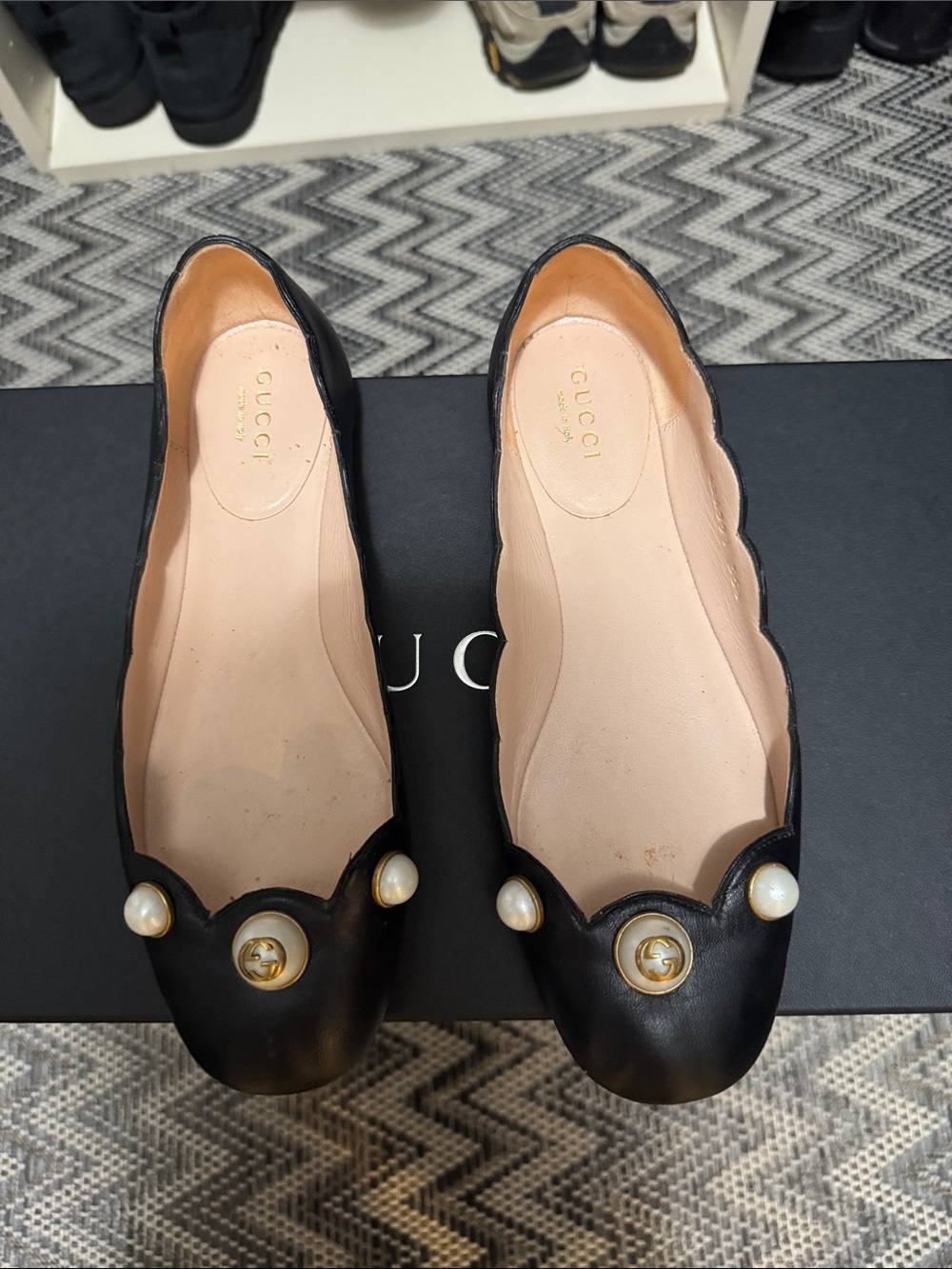 Gucci Black Leather Ballet Flats with Pearl & Gold GG